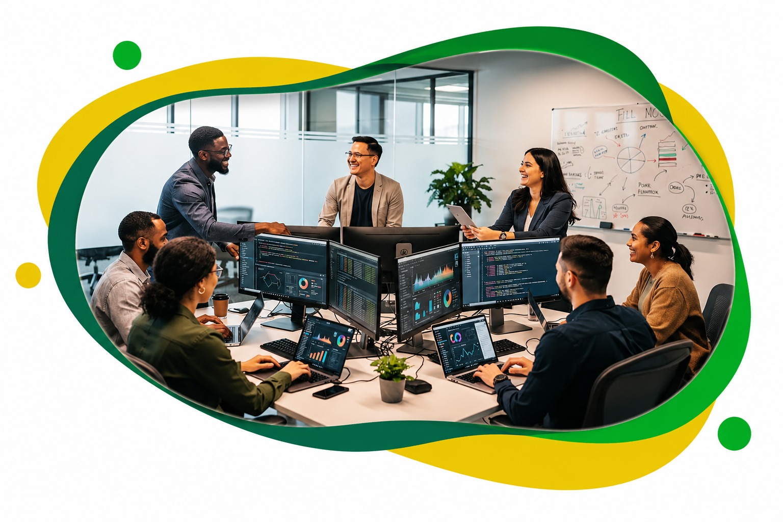 Analytics Solutions team collaborating around dashboards and development workstations
