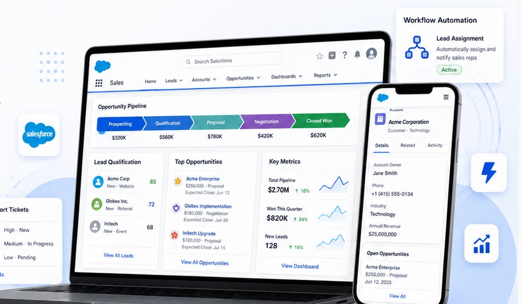 Salesforce CRM dashboard and workflow preview
