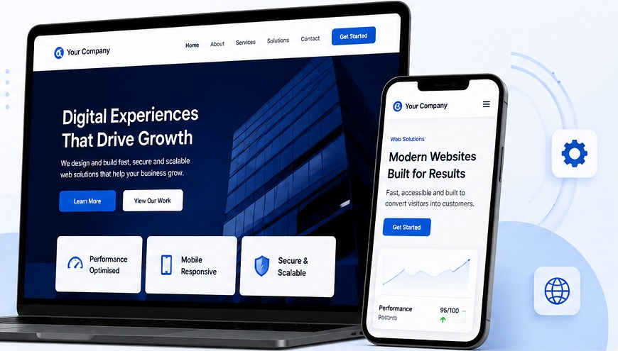 Responsive web development interface preview on laptop and mobile devices